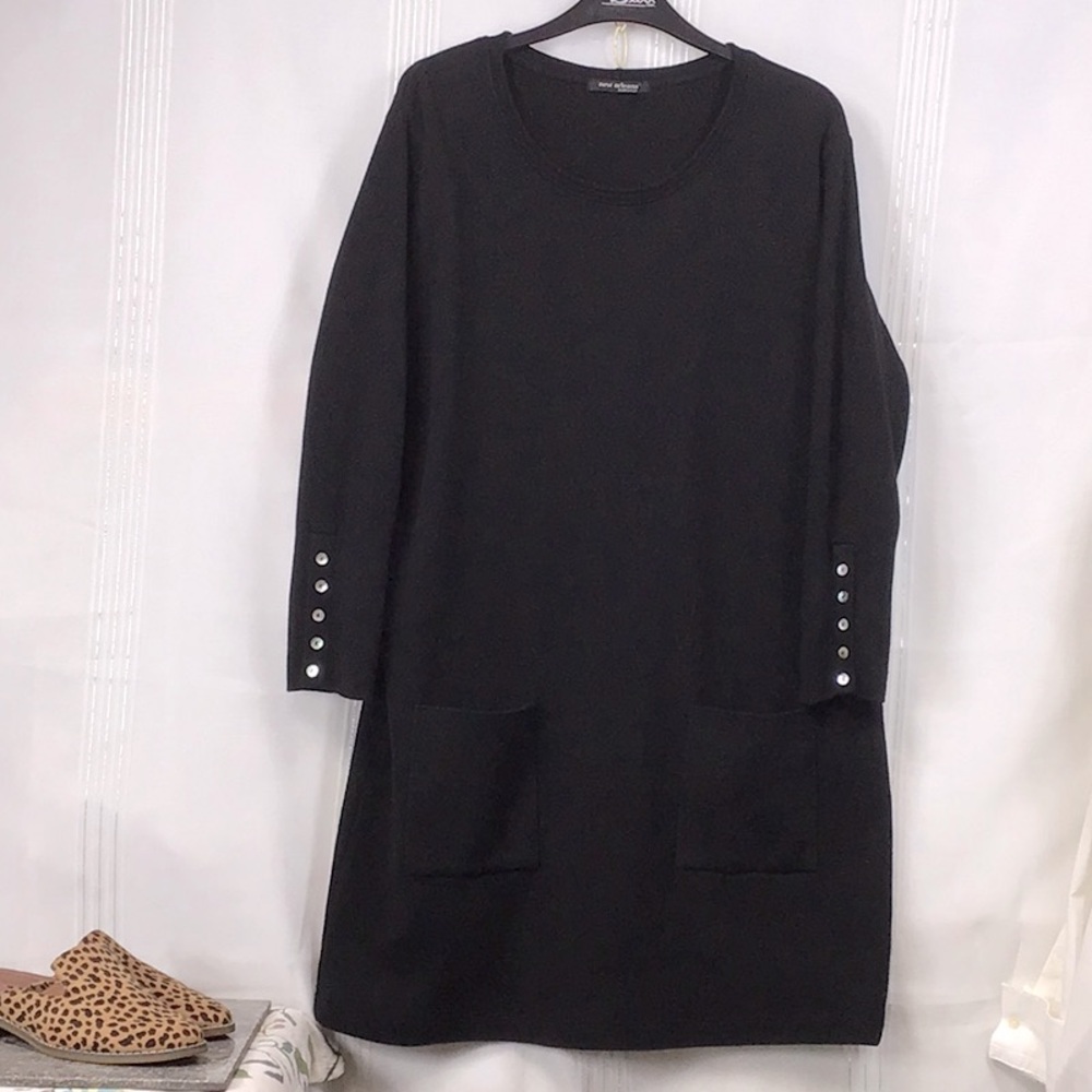 🤍New Orleans Knitwear Black Cotton Knit Long Sleeve Pearl Button Cuffs Sz.M - Picture 1 of 7